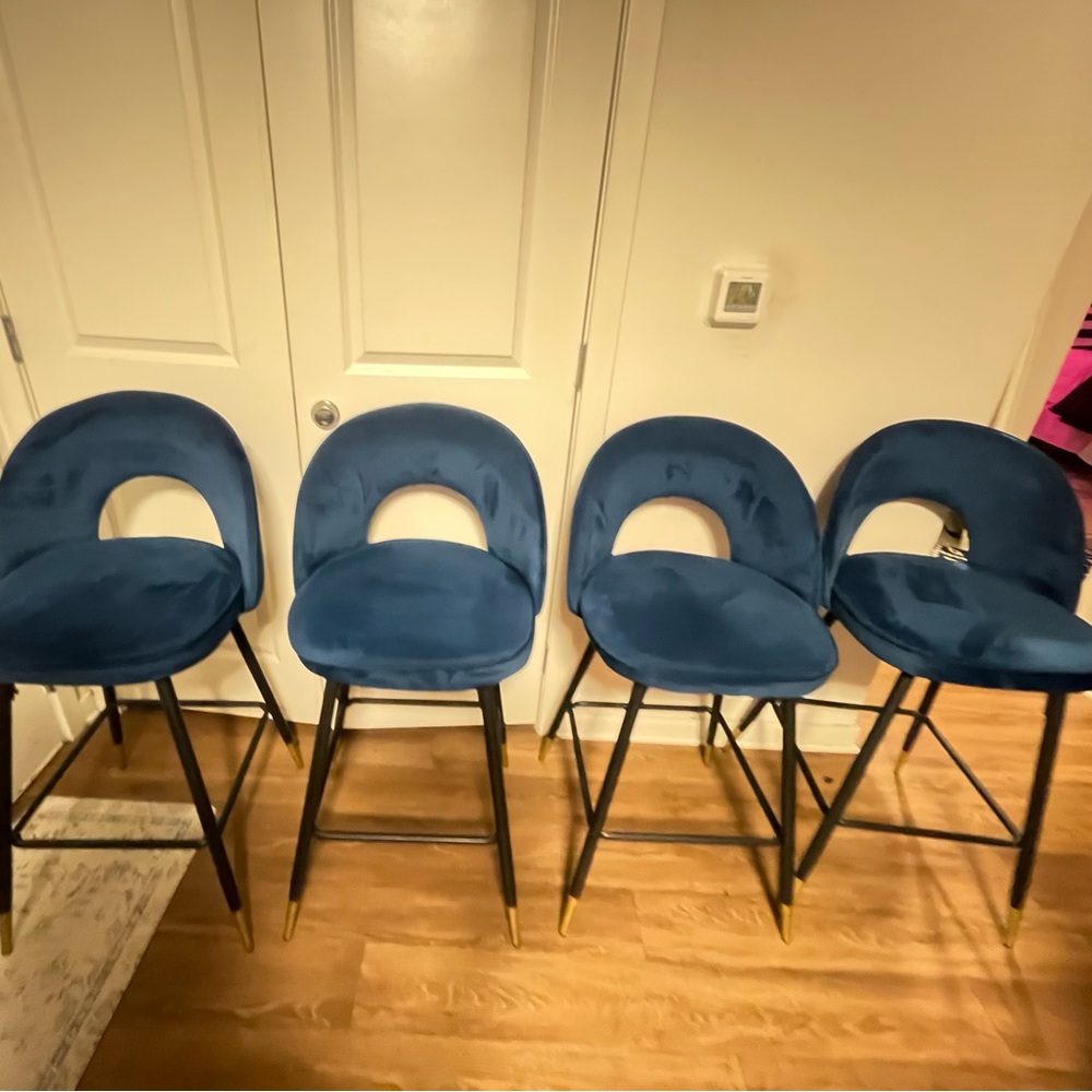 Set of Four Blue Velvet Bar Stools